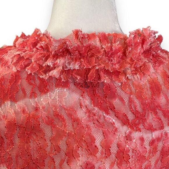 Vintage Sheer Blouse Sleeveless Ruffled Plunge Neck  Nylon Red Floral Lace Top - Picture 7 of 8